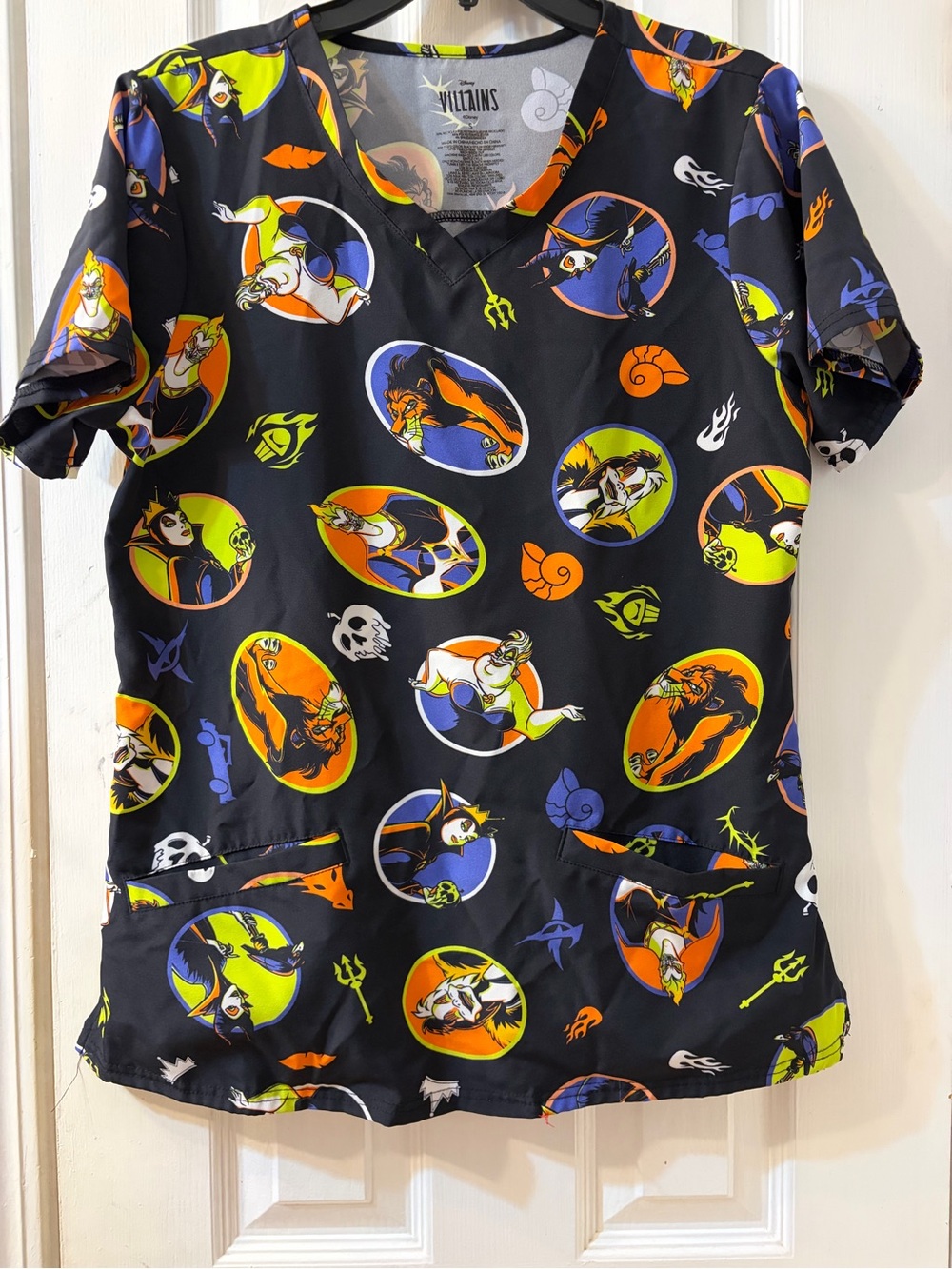 Disney Villains Evil Queen Scar Hades Women's Colorful Print V-Neck Scrub Top S